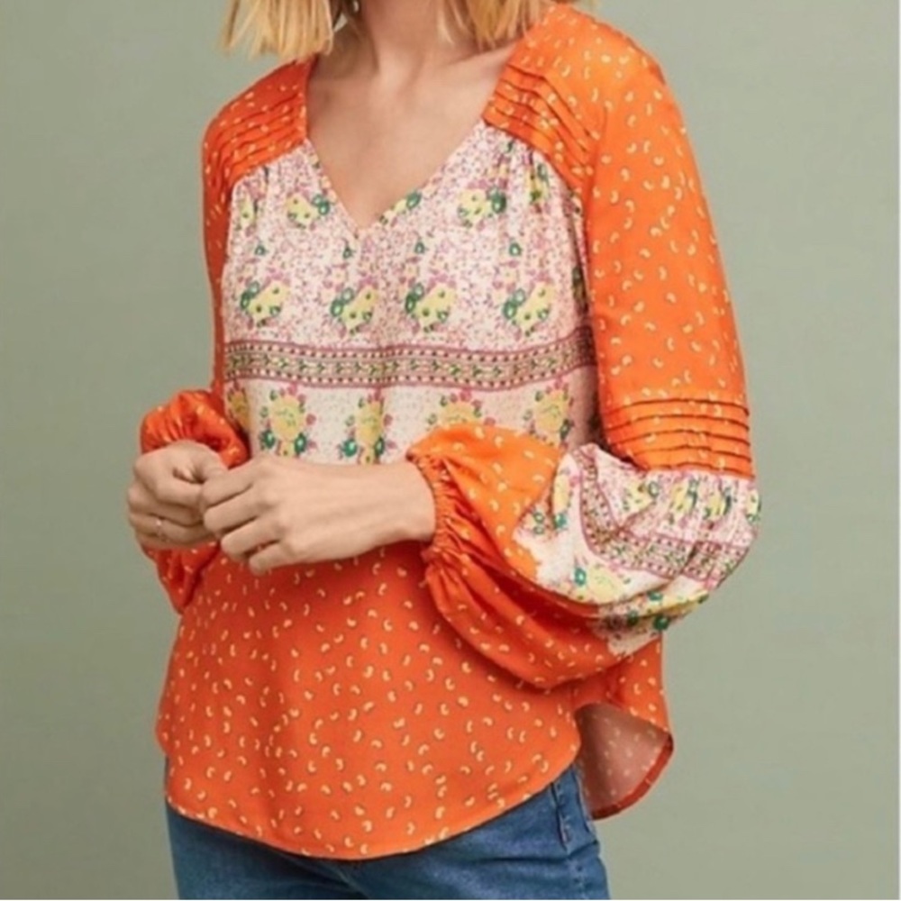 Maeve Anthropologie Ceresco Orange Floral V-Neck Long Sleeve Peasant Top…